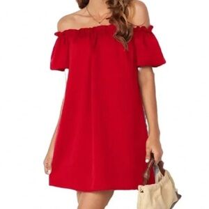 Pleione Vibrant Red Off the Shoulder Dress